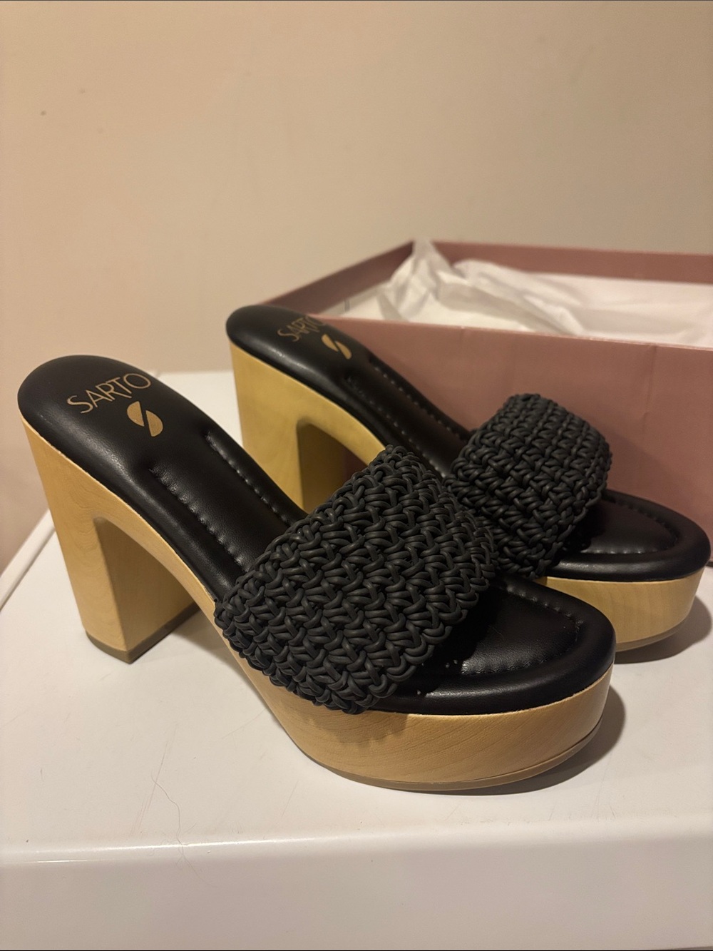 Sarto Black Woven Leather Platform Slide Heels